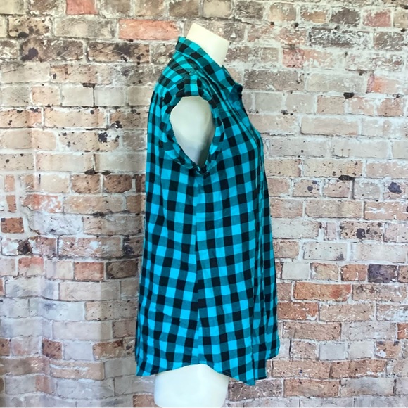 Millennium Plaid Tunic Button Down Short Sleeve Blue & Black Sz Large - Picture 7 of 9